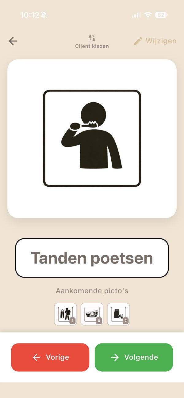 Schermafbeelding van Je Dag in Beeld: de stap ‘Tanden poetsen’ in een pictoreeks, met de volgende pictogrammen eronder